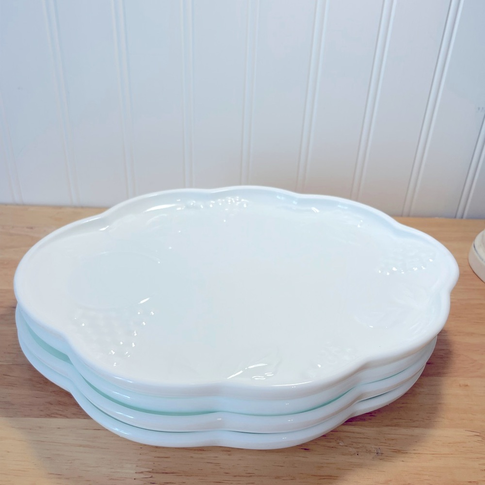 White milk glass Scalloped Edge Plates grape motif